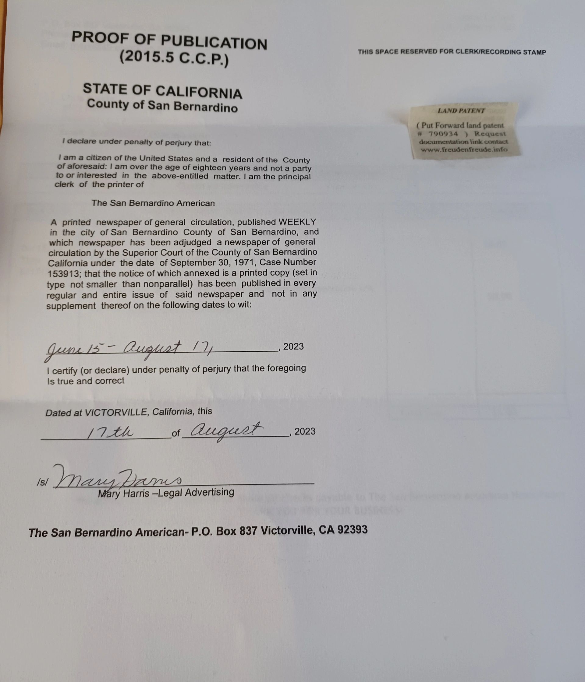 Proof of Publication legal document