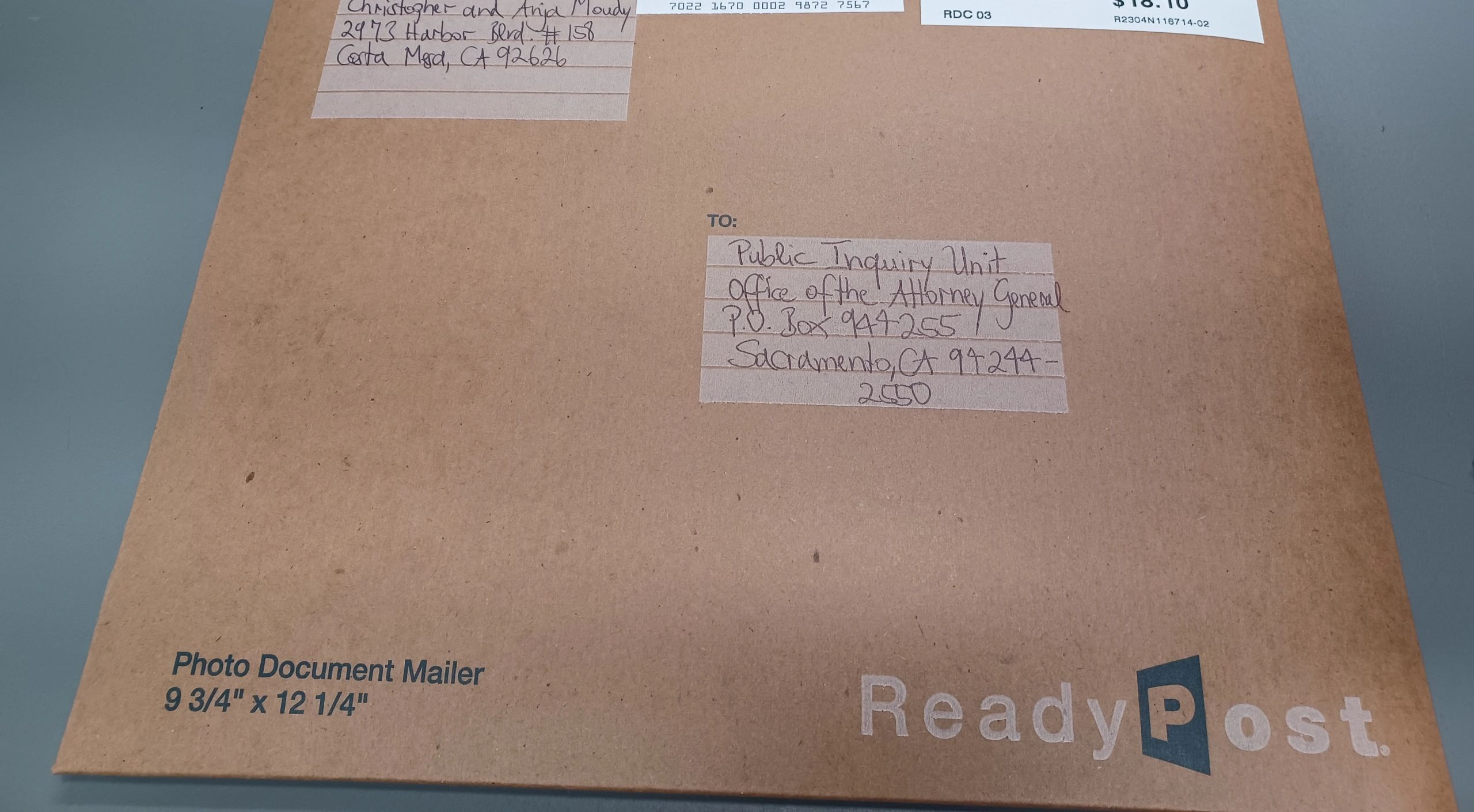 Mailing envelope — legal correspondence